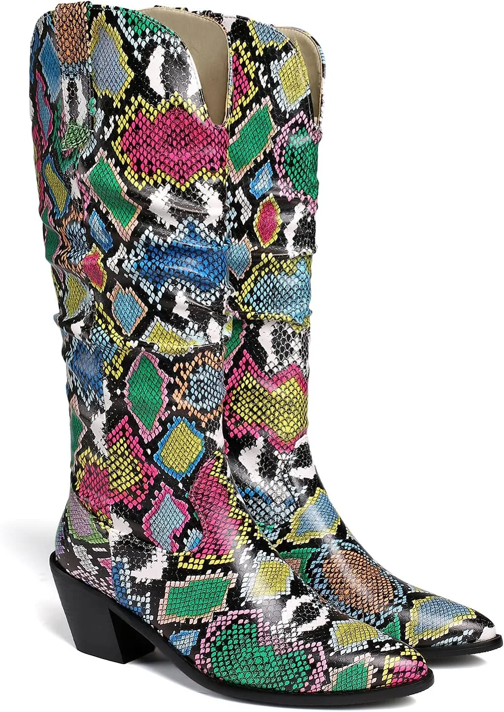 LEHOOR Women Knee High Western Boots Snakeskin Stacked Heel Pointed Toe Knee High Boots Cowboy Mid Calf 3 Chunky Heel Slouch Long Boots Pull On Animal Print Tall Boots Sexy Party Club Party 4-13 M US