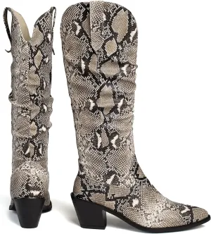 LEHOOR Women Knee High Western Boots Snakeskin Stacked Heel Pointed Toe Knee High Boots Cowboy Mid Calf 3 Chunky Heel Slouch Long Boots Pull On Animal Print Tall Boots Sexy Party Club Party 4-13 M US