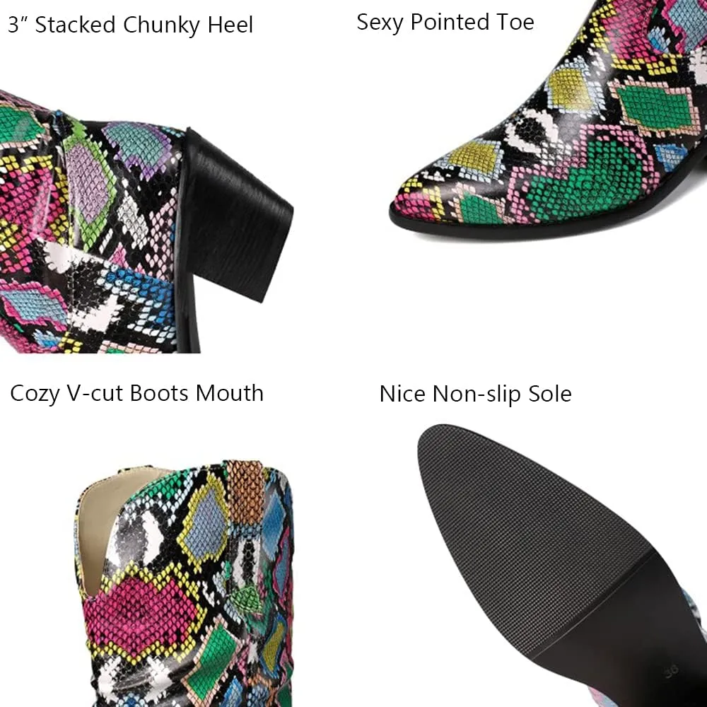 LEHOOR Women Knee High Western Boots Snakeskin Stacked Heel Pointed Toe Knee High Boots Cowboy Mid Calf 3 Chunky Heel Slouch Long Boots Pull On Animal Print Tall Boots Sexy Party Club Party 4-13 M US