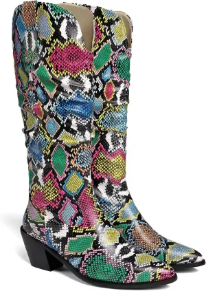 LEHOOR Women Knee High Western Boots Snakeskin Stacked Heel Pointed Toe Knee High Boots Cowboy Mid Calf 3 Chunky Heel Slouch Long Boots Pull On Animal Print Tall Boots Sexy Party Club Party 4-13 M US