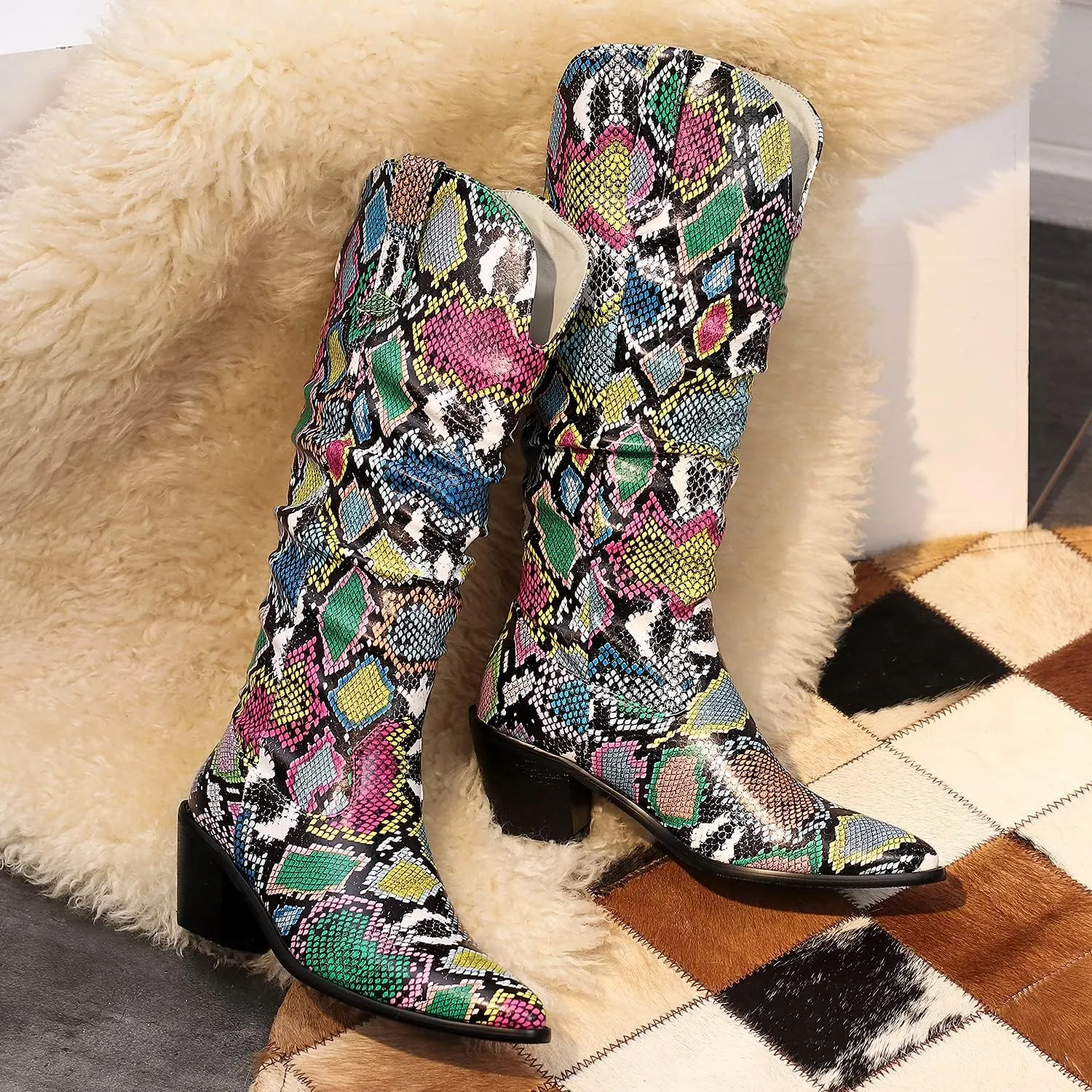 LEHOOR Women Knee High Western Boots Snakeskin Stacked Heel Pointed Toe Knee High Boots Cowboy Mid Calf 3 Chunky Heel Slouch Long Boots Pull On Animal Print Tall Boots Sexy Party Club Party 4-13 M US