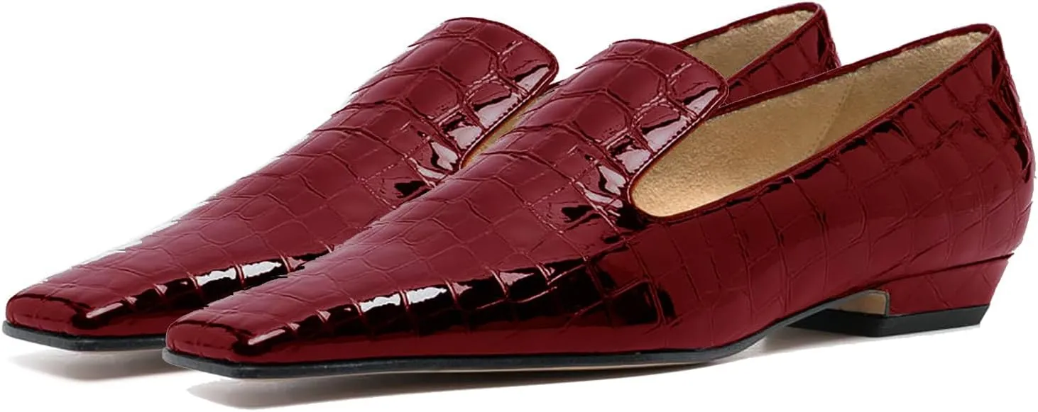 LEHOOR Women Patent Loafers Flats Square Toe Crocodile Dress Shoes Slip On 1 inch Flat Heel Loafer Shoes Crocodile Animal Print Fashion Office Work Loafers Formal Business Casual 4-11 M US