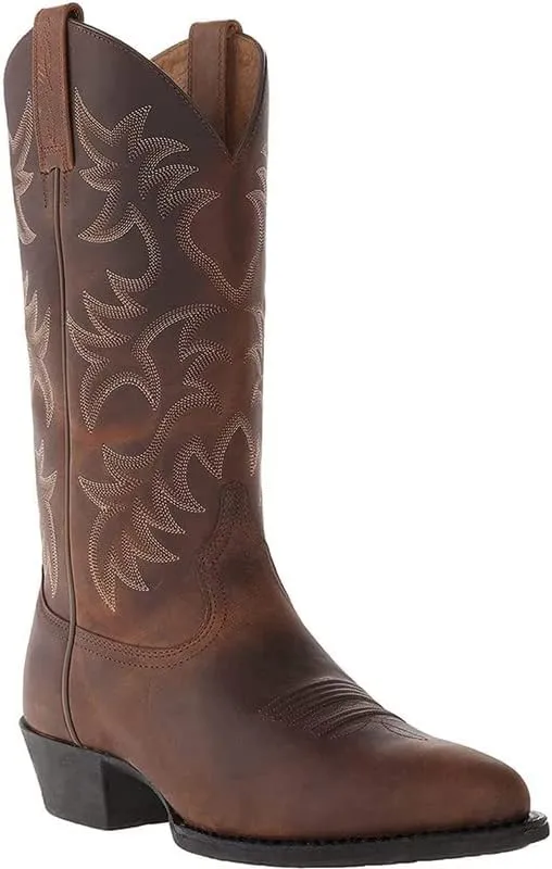 Mens Brown Cowboy Boots Classic Embroidered Snip Toe Wide Calf Mid-Cylinder Leather Country Western Boots Men's Work Boots
