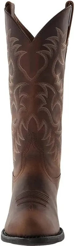 Mens Brown Cowboy Boots Classic Embroidered Snip Toe Wide Calf Mid-Cylinder Leather Country Western Boots Men's Work Boots