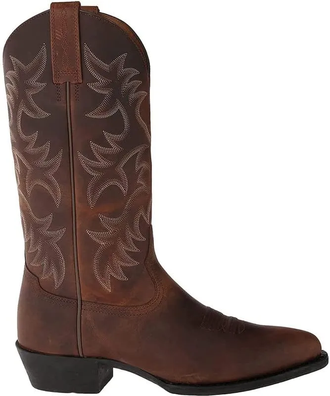 Mens Brown Cowboy Boots Classic Embroidered Snip Toe Wide Calf Mid-Cylinder Leather Country Western Boots Men's Work Boots