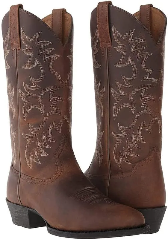Mens Brown Cowboy Boots Classic Embroidered Snip Toe Wide Calf Mid-Cylinder Leather Country Western Boots Men's Work Boots