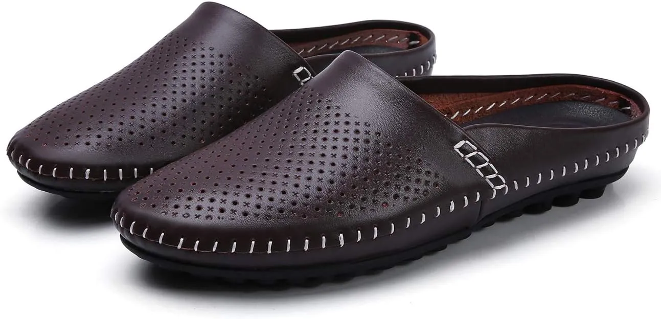 Mens Mules Clog Slippers Breathable Punching Genuine Leather Slip on Casual Backless Loafer Shoes