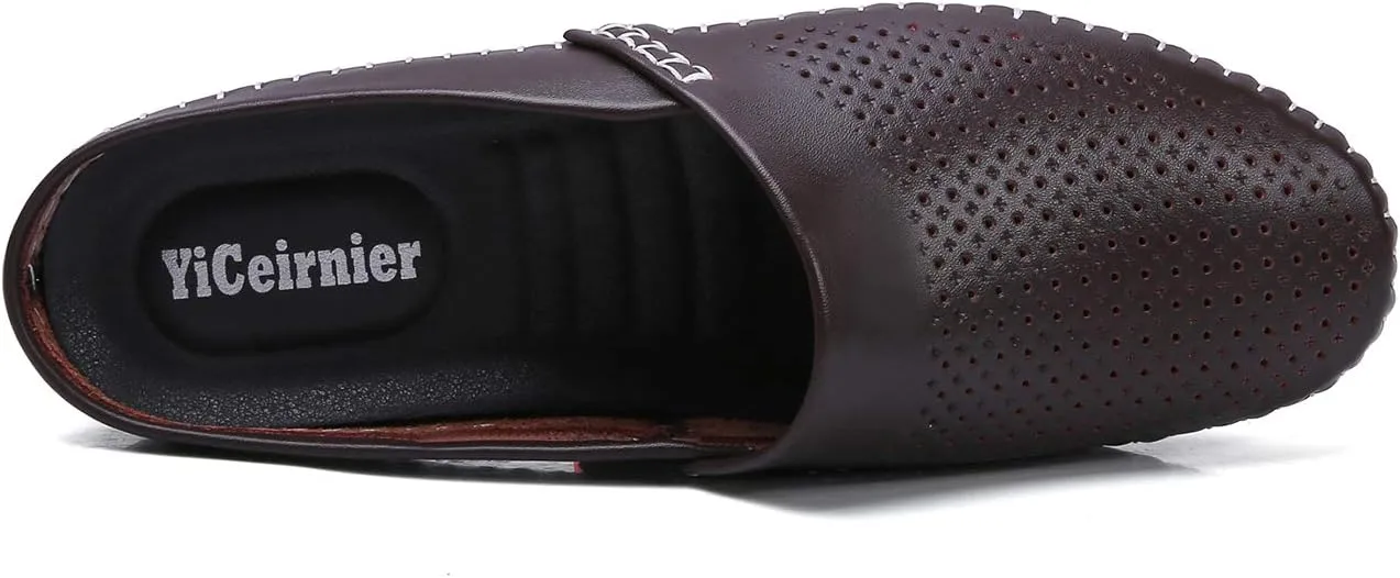 Mens Mules Clog Slippers Breathable Punching Genuine Leather Slip on Casual Backless Loafer Shoes