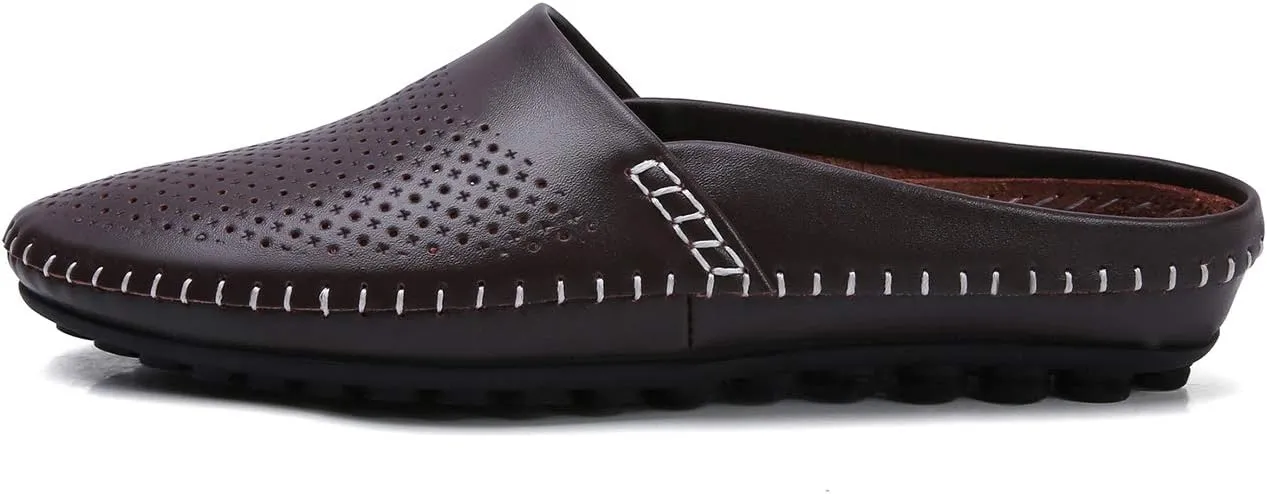 Mens Mules Clog Slippers Breathable Punching Genuine Leather Slip on Casual Backless Loafer Shoes