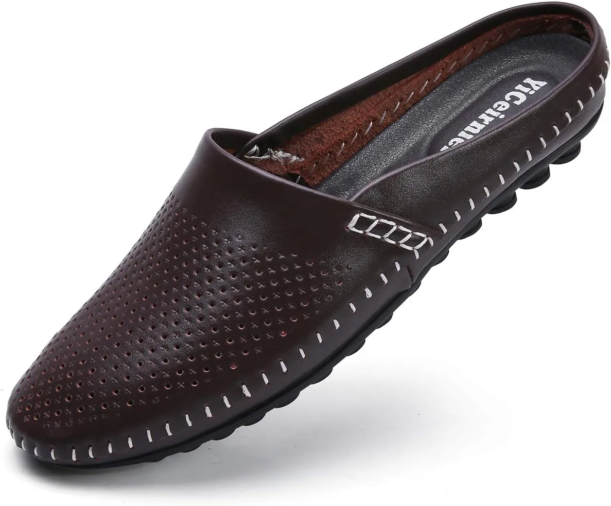 Mens Mules Clog Slippers Breathable Punching Genuine Leather Slip on Casual Backless Loafer Shoes