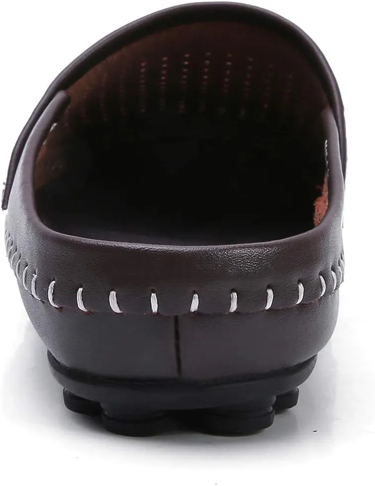 Mens Mules Clog Slippers Breathable Punching Genuine Leather Slip on Casual Backless Loafer Shoes