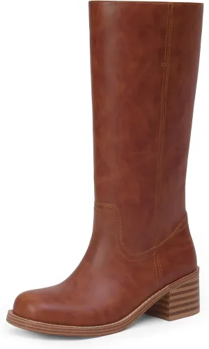 Mid Calf Boots for Women Chunky Block Heel Womens Tall Boots Square Toe Comfortable Casual Boots Low Heel Trendy Stylish Boots