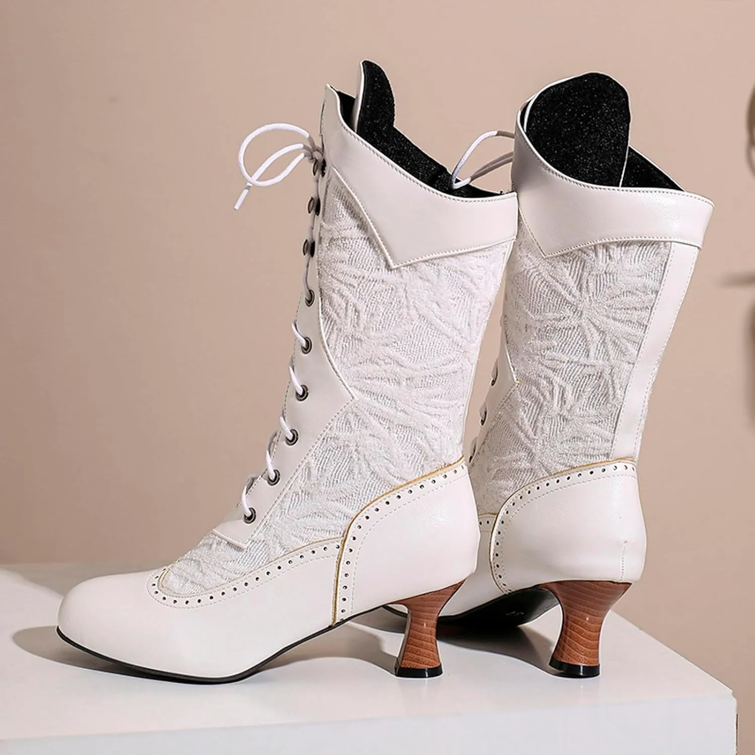 Mid Calf Boots for Women Gothic Booties Low Heel Mid Calf Boots Lace up Zipper Boots for Ladies Witch Shoes