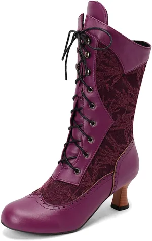 Mid Calf Boots for Women Gothic Booties Low Heel Mid Calf Boots Lace up Zipper Boots for Ladies Witch Shoes