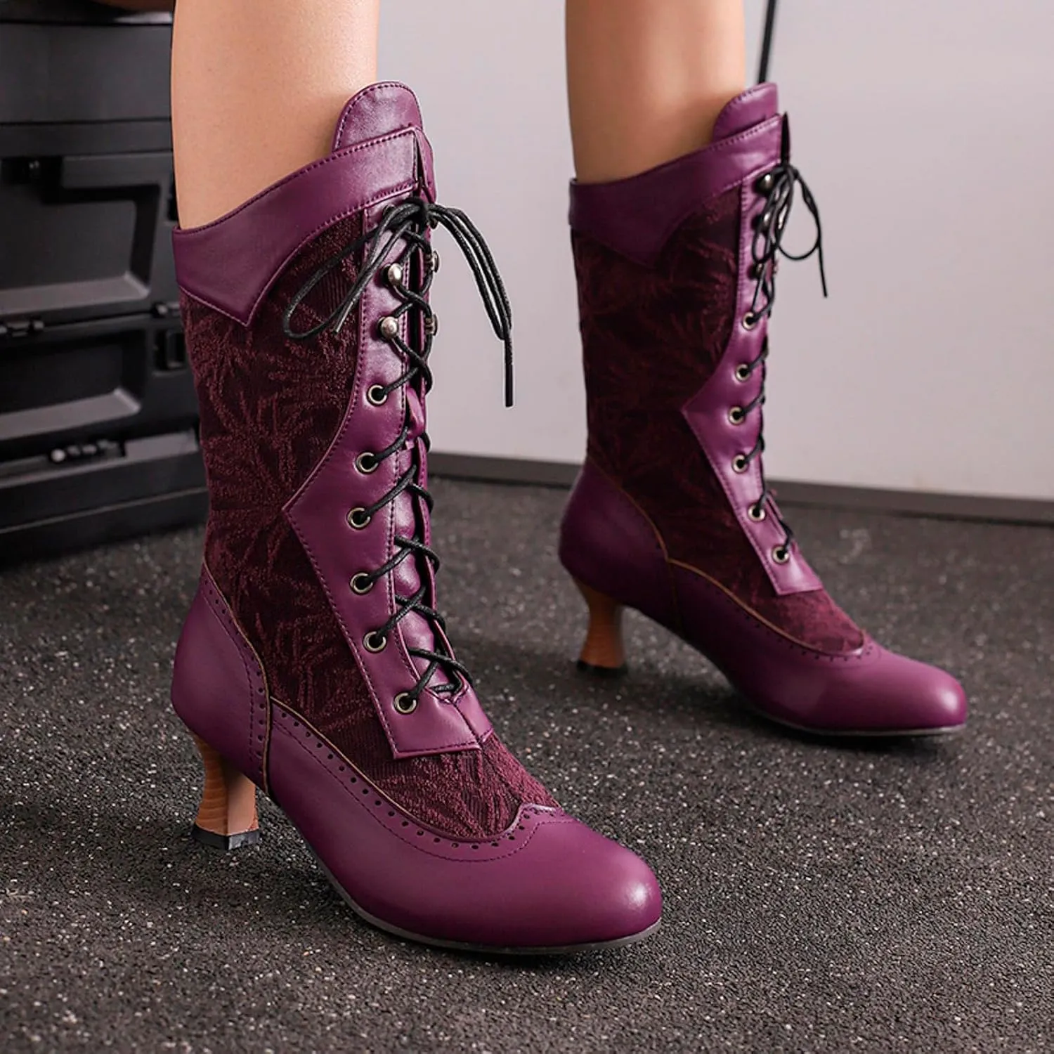 Mid Calf Boots for Women Gothic Booties Low Heel Mid Calf Boots Lace up Zipper Boots for Ladies Witch Shoes