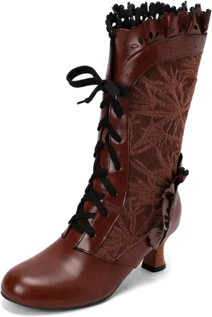 Mid Calf Boots for Women Gothic Booties Low Heel Mid Calf Boots Lace up Zipper Boots for Ladies Witch Shoes