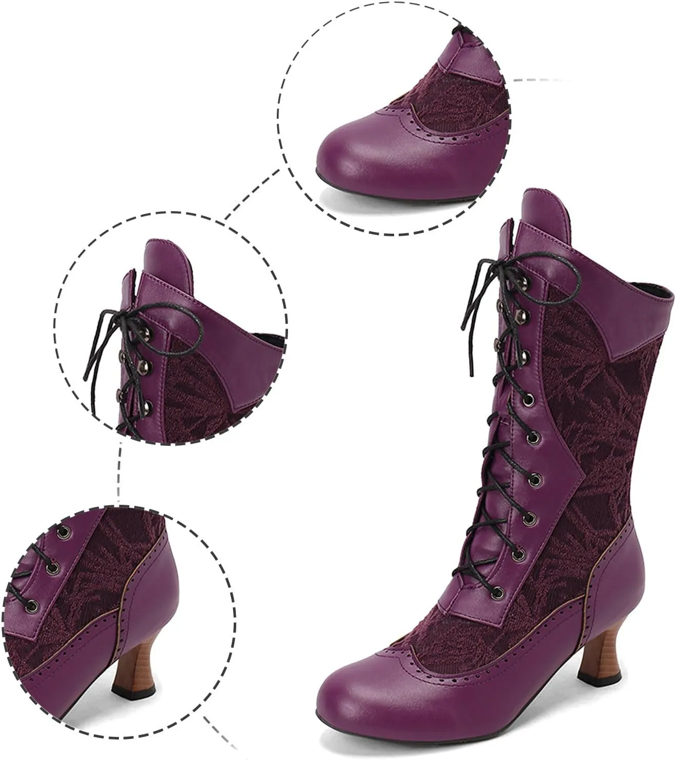 Mid Calf Boots for Women Gothic Booties Low Heel Mid Calf Boots Lace up Zipper Boots for Ladies Witch Shoes