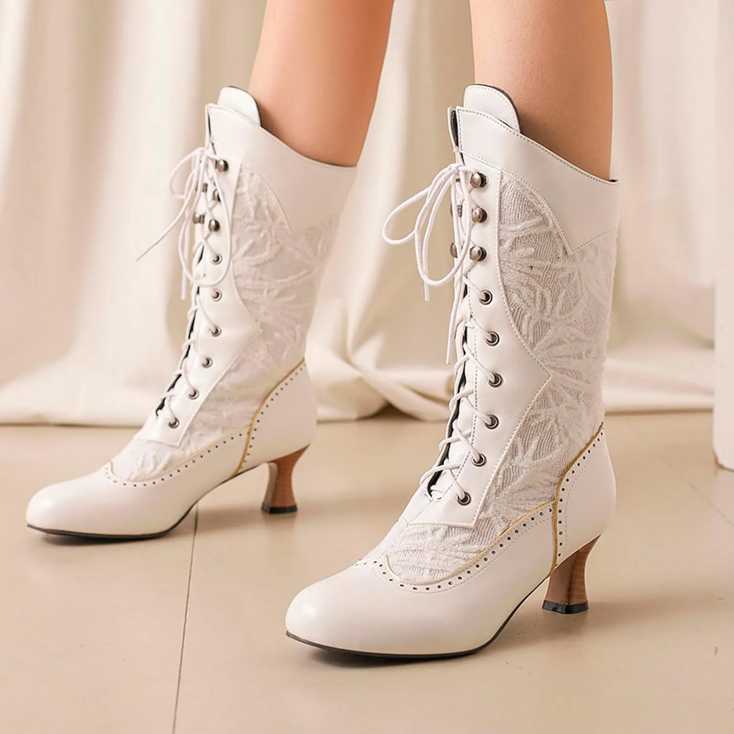 Mid Calf Boots for Women Gothic Booties Low Heel Mid Calf Boots Lace up Zipper Boots for Ladies Witch Shoes