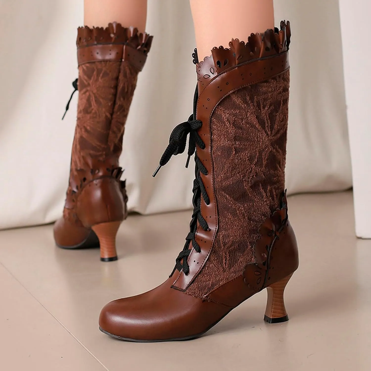 Mid Calf Boots for Women Gothic Booties Low Heel Mid Calf Boots Lace up Zipper Boots for Ladies Witch Shoes
