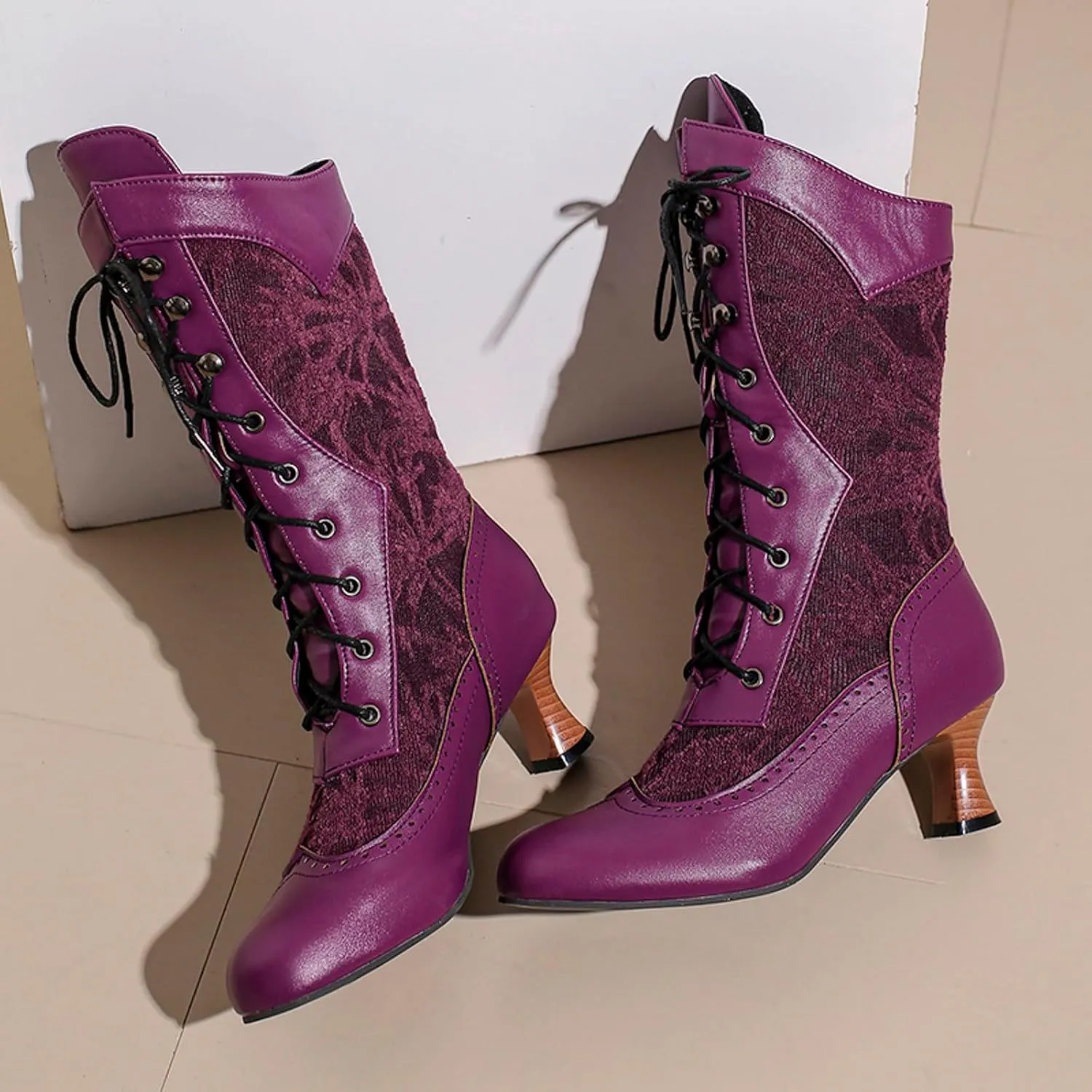 Mid Calf Boots for Women Gothic Booties Low Heel Mid Calf Boots Lace up Zipper Boots for Ladies Witch Shoes