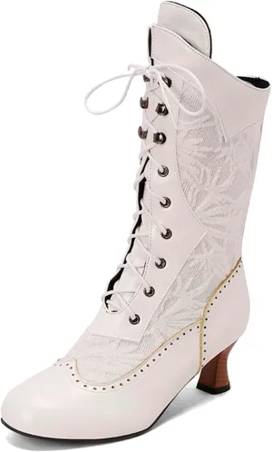 Mid Calf Boots for Women Gothic Booties Low Heel Mid Calf Boots Lace up Zipper Boots for Ladies Witch Shoes