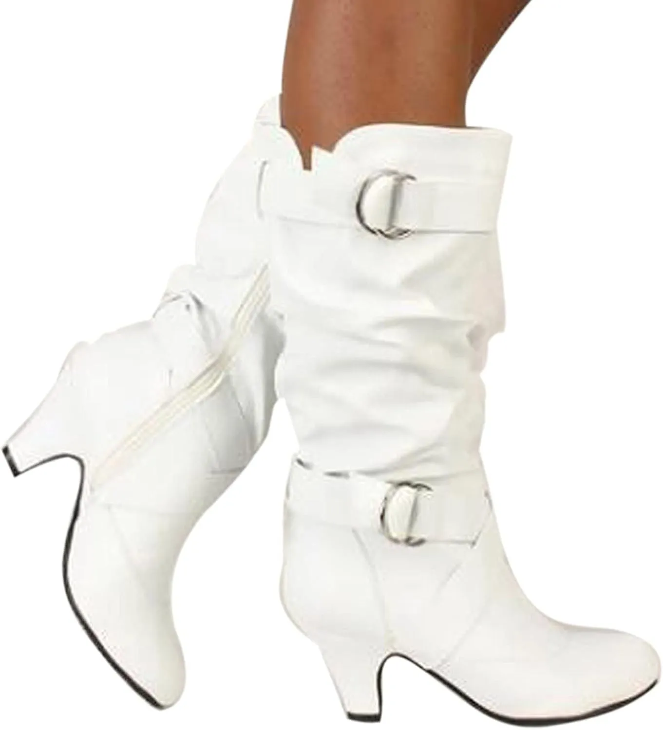 Mid Calf Boots for Women Mid Calf Boots High Heel Leather Booties Pointed Toe Pull on Fall Winter Shoes