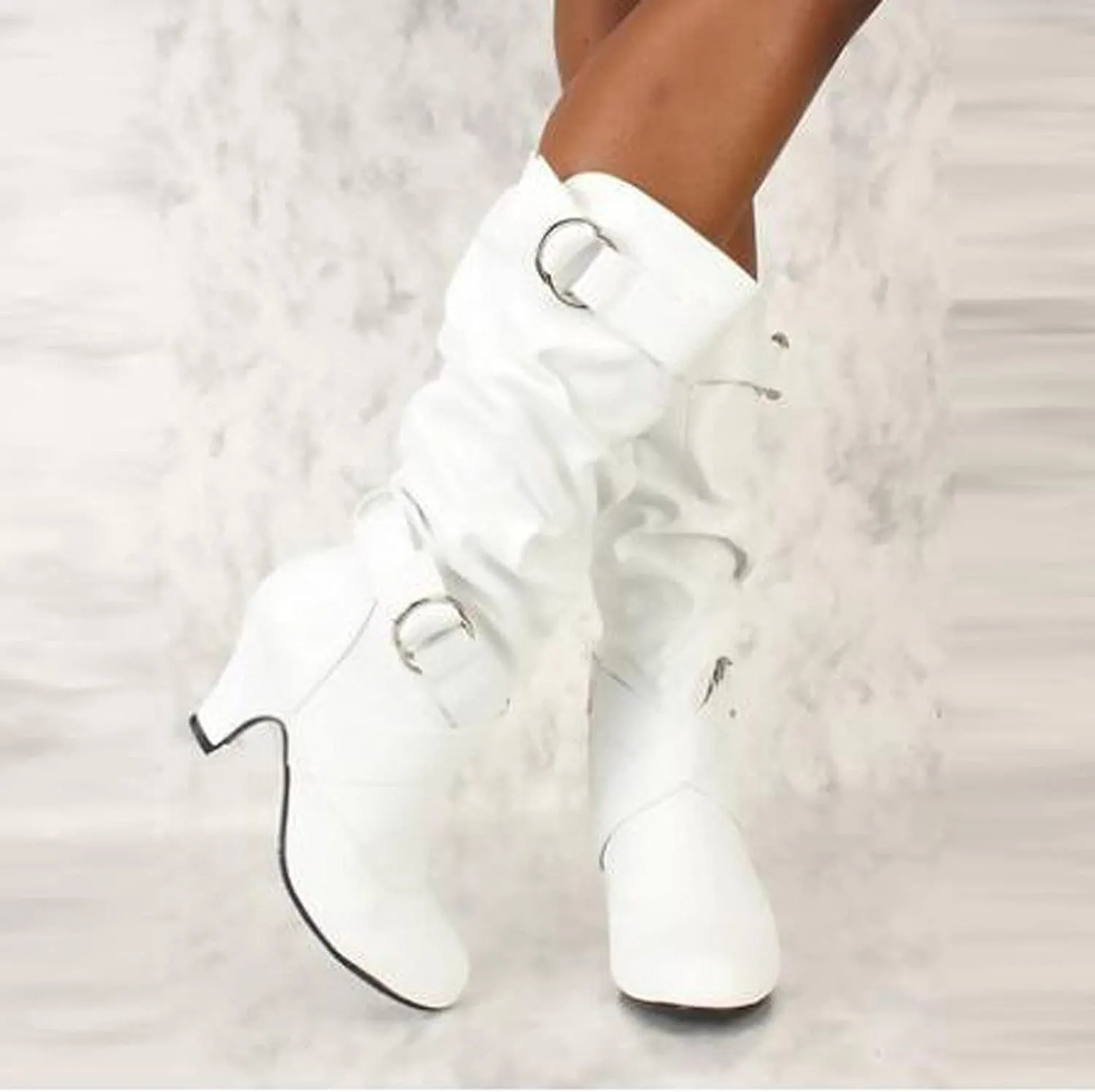 Mid Calf Boots for Women Mid Calf Boots High Heel Leather Booties Pointed Toe Pull on Fall Winter Shoes
