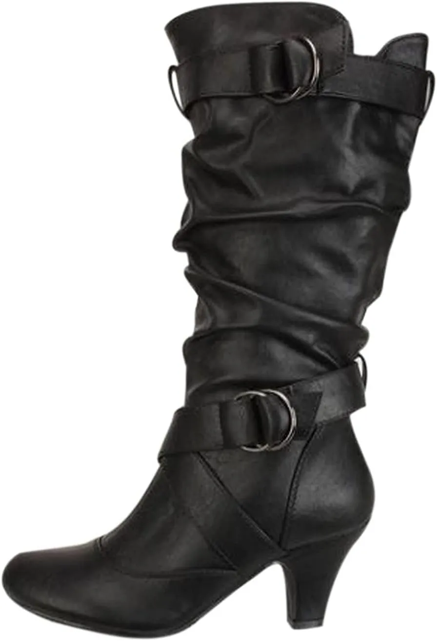 Mid Calf Boots for Women Mid Calf Boots High Heel Leather Booties Pointed Toe Pull on Fall Winter Shoes