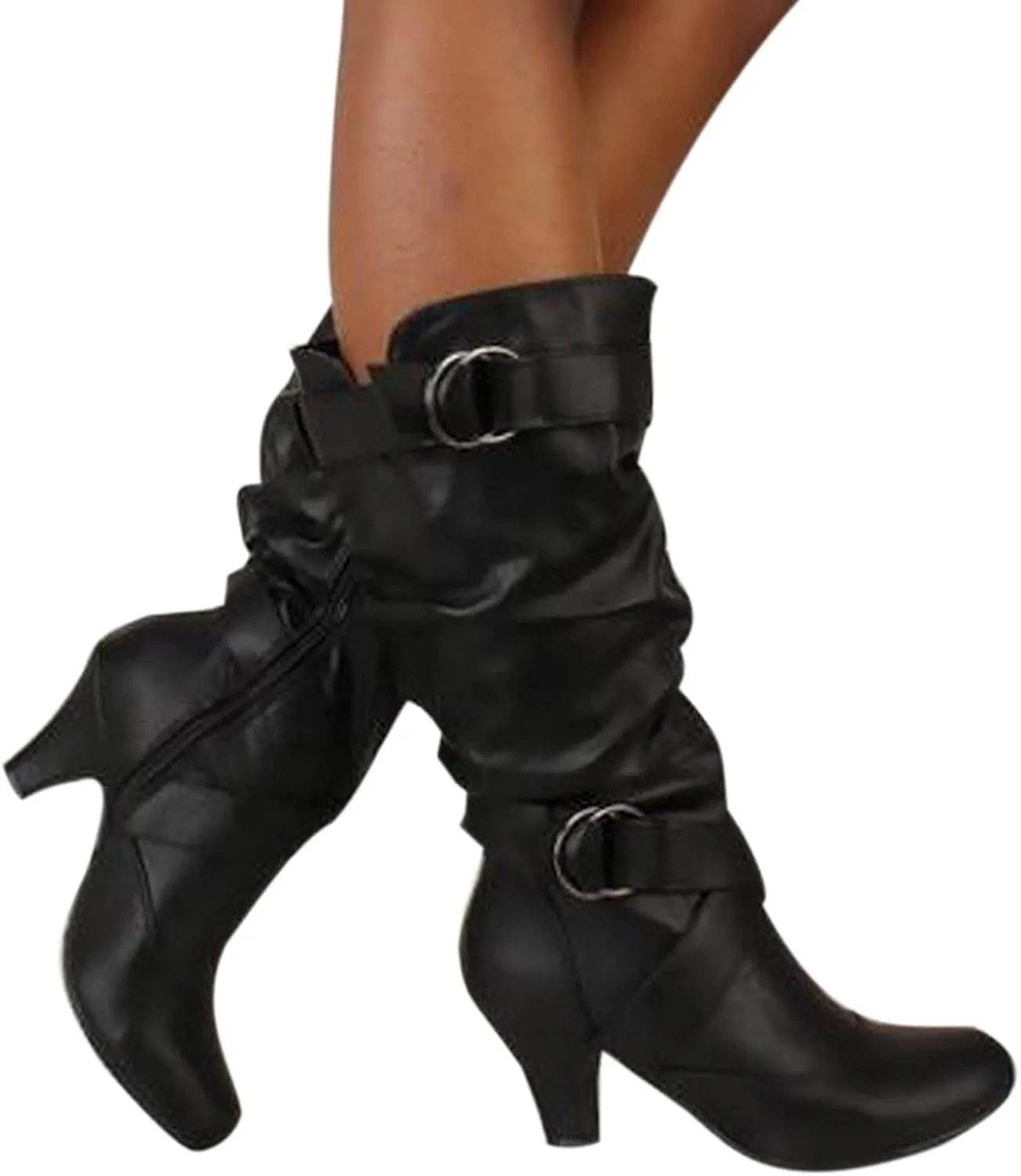 Mid Calf Boots for Women Mid Calf Boots High Heel Leather Booties Pointed Toe Pull on Fall Winter Shoes