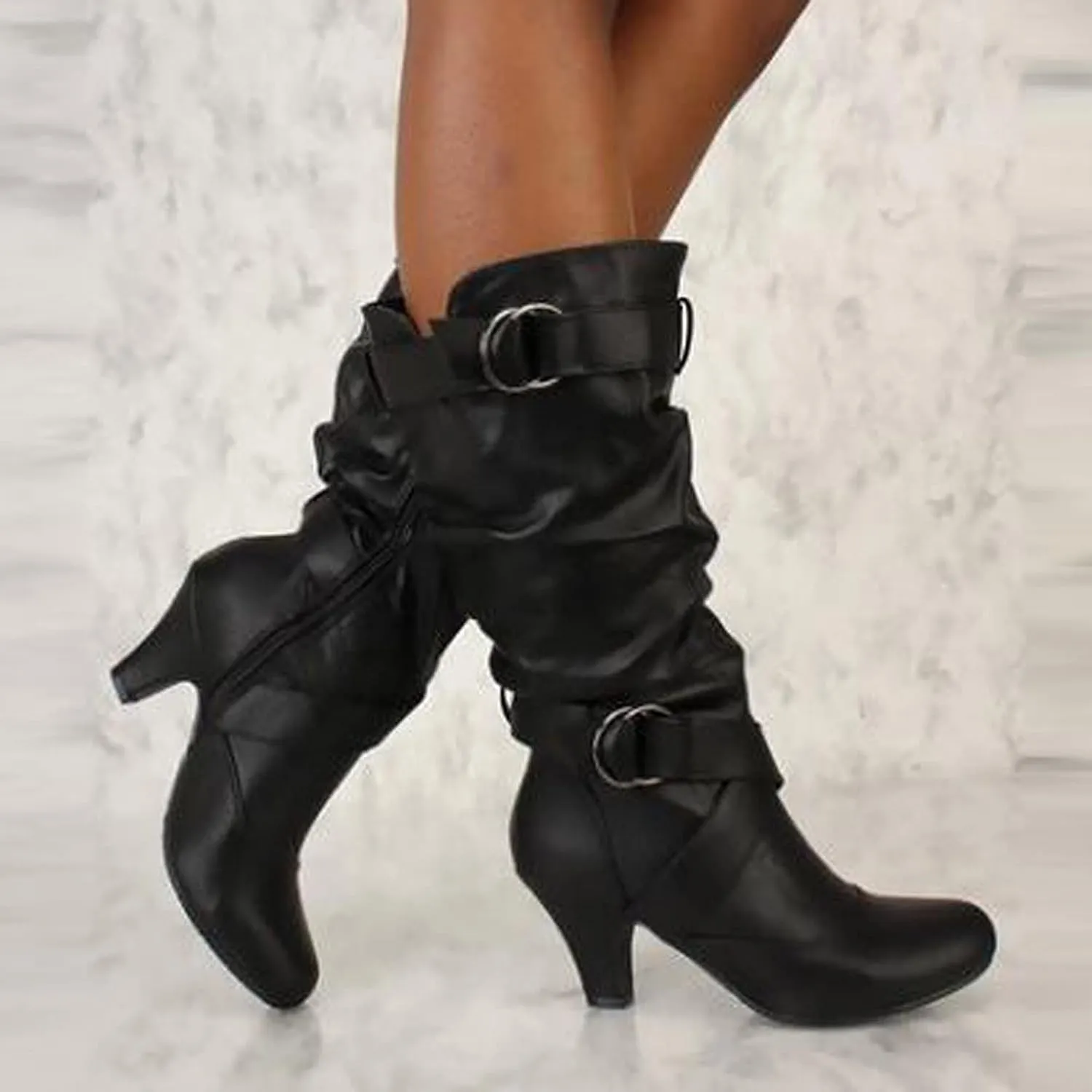 Mid Calf Boots for Women Mid Calf Boots High Heel Leather Booties Pointed Toe Pull on Fall Winter Shoes