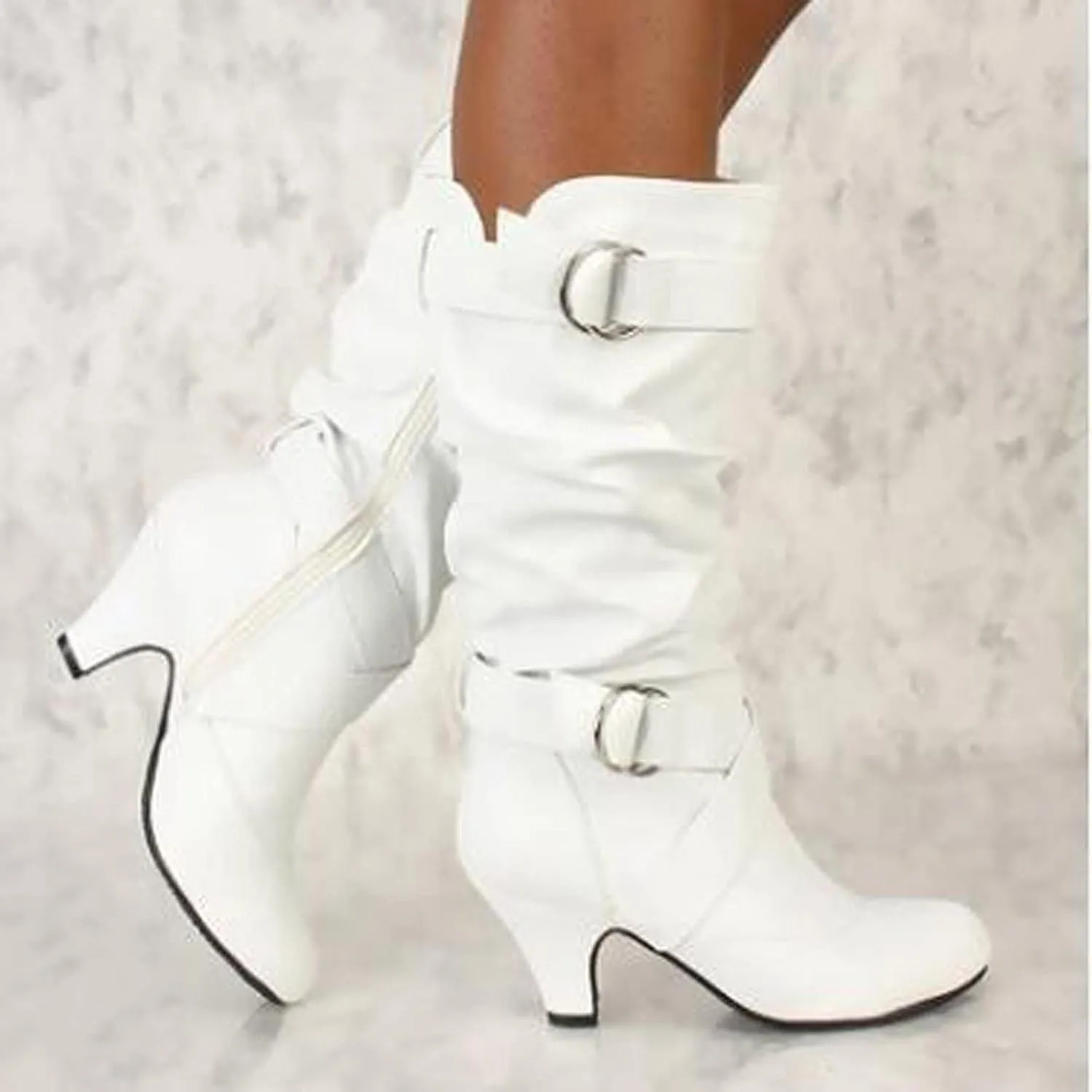 Mid Calf Boots for Women Mid Calf Boots High Heel Leather Booties Pointed Toe Pull on Fall Winter Shoes