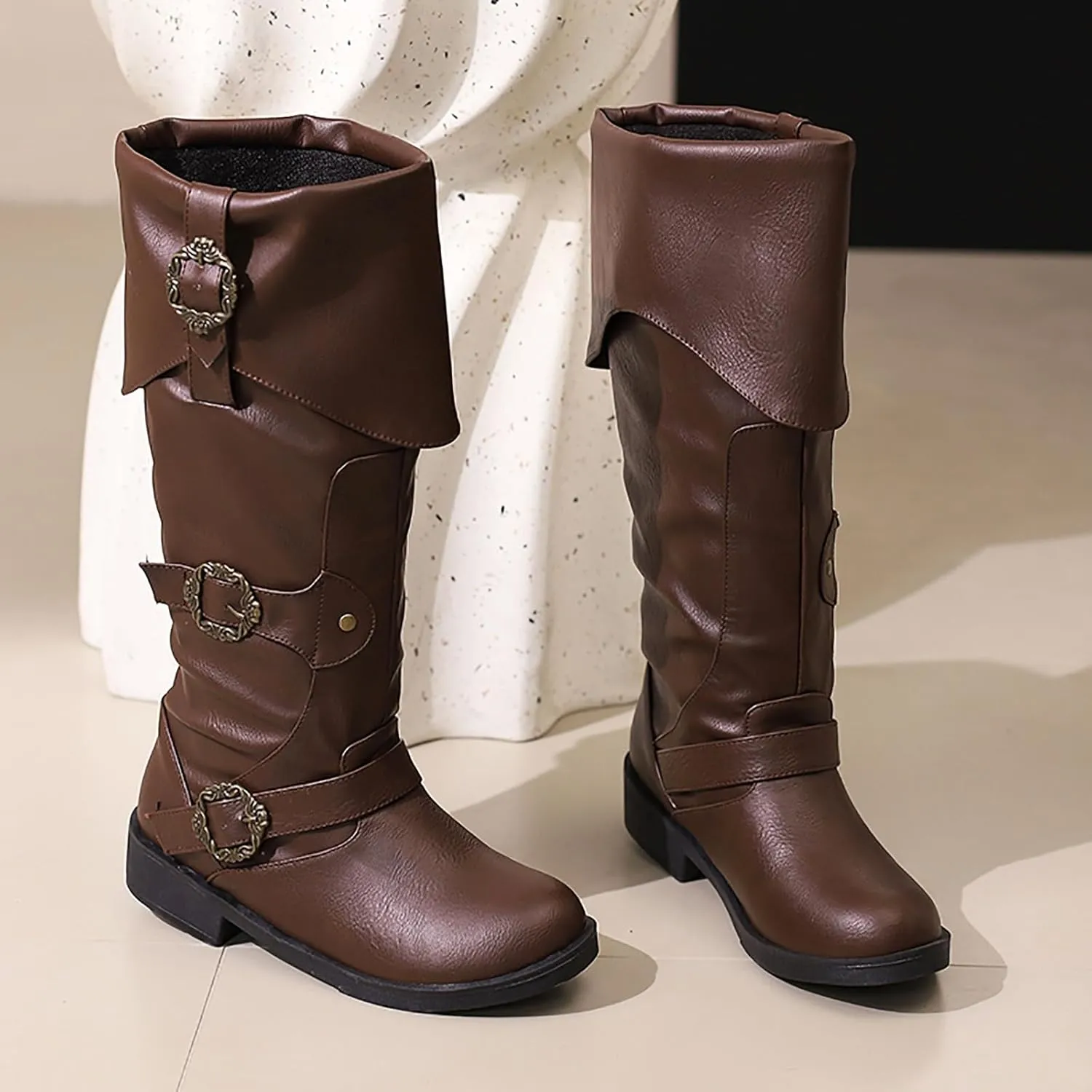 Mid Calf Boots for Women Vintage Foldover Pirate Costume Boots Goth Buckle Strap Leather Boots Stylish Cosplay Shoes