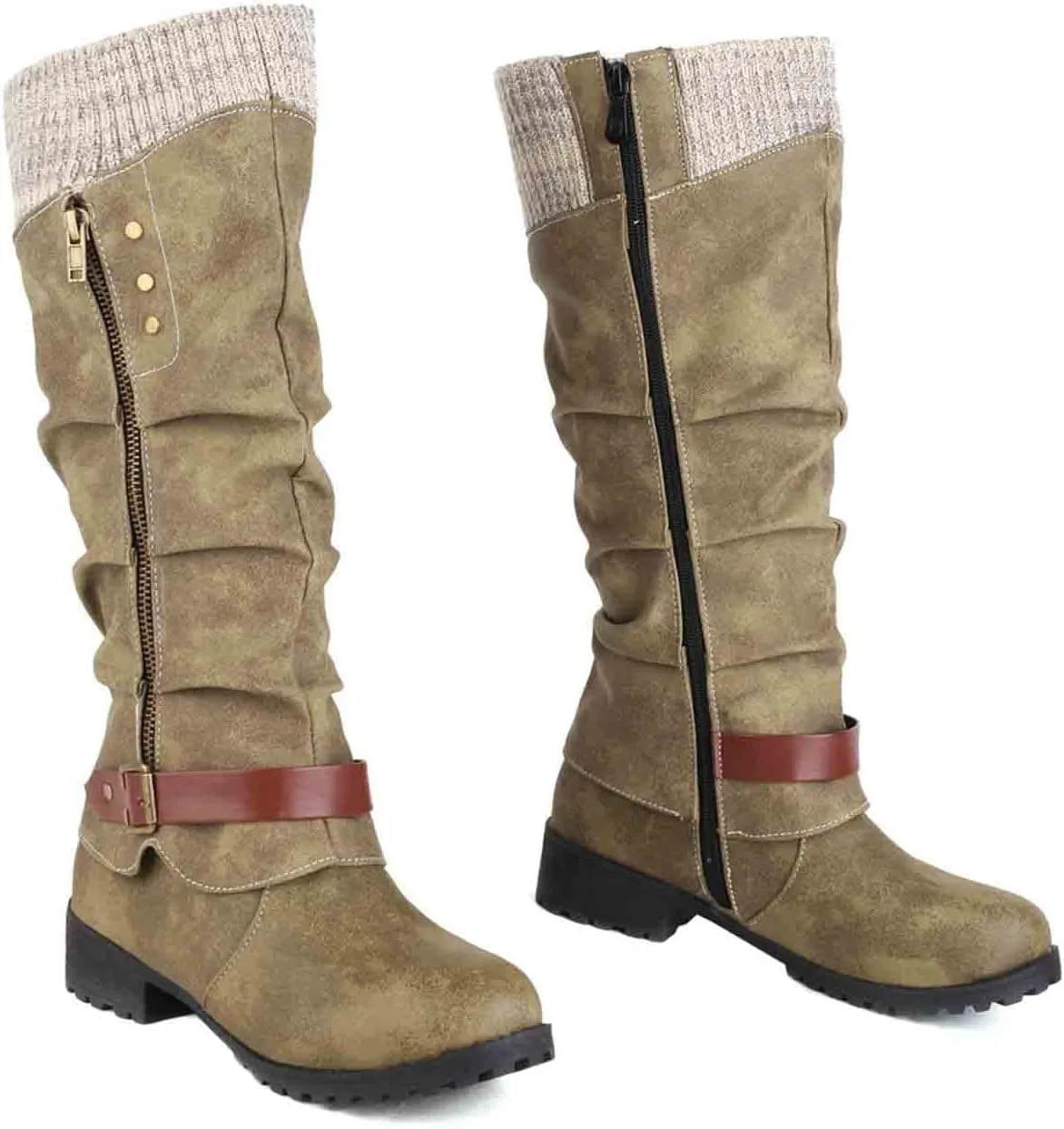 Mid Calf Boots for Women Women's Winter Side Zipper Color Blocking Knitting Wool Low Heel Medium Platform Sole Boots