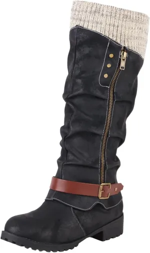 Mid Calf Boots for Women Women's Winter Side Zipper Color Blocking Knitting Wool Low Heel Medium Platform Sole Boots