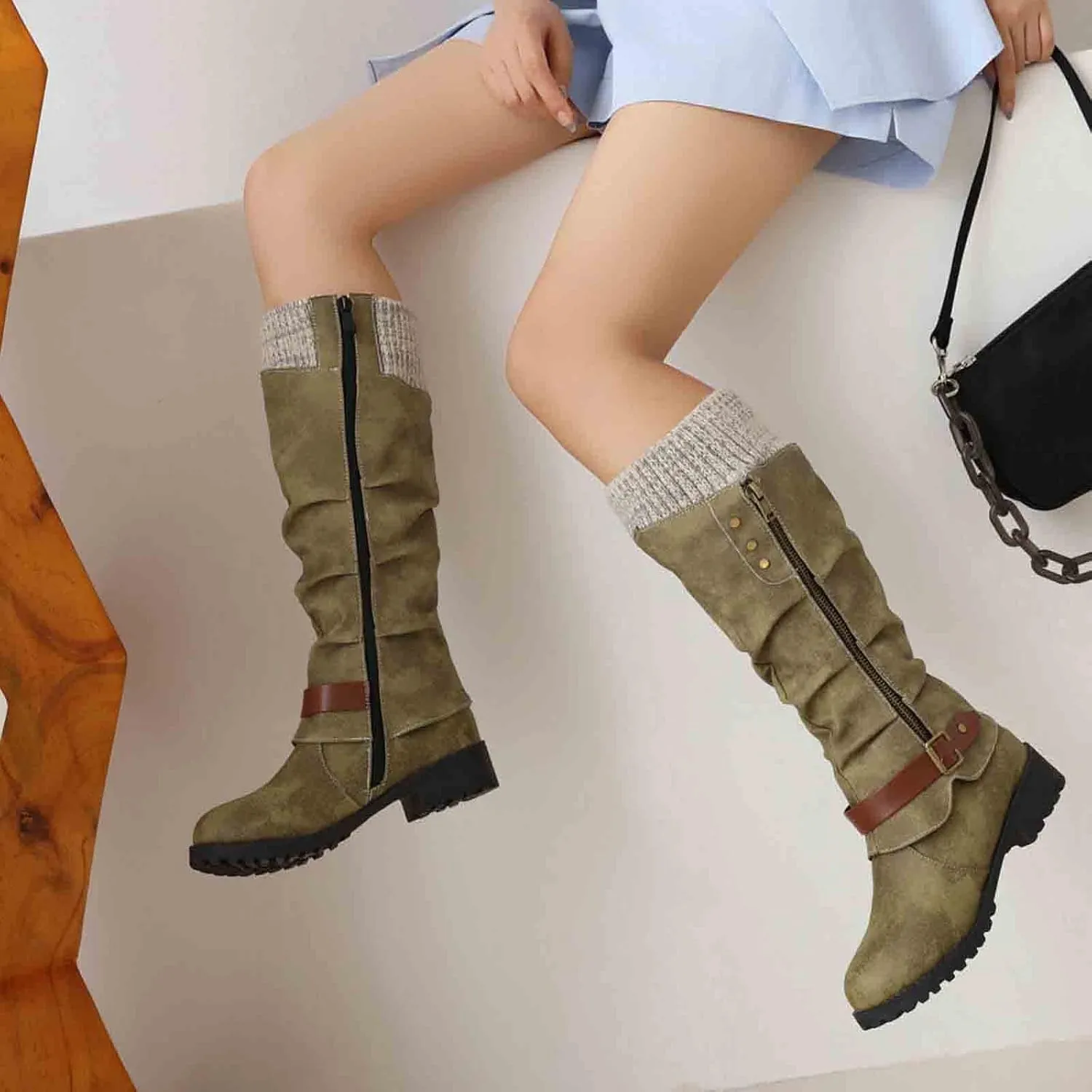 Mid Calf Boots for Women Women's Winter Side Zipper Color Blocking Knitting Wool Low Heel Medium Platform Sole Boots