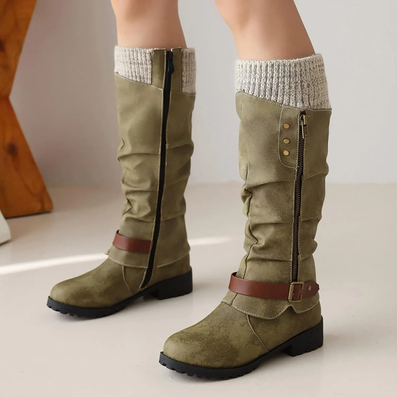 Mid Calf Boots for Women Women's Winter Side Zipper Color Blocking Knitting Wool Low Heel Medium Platform Sole Boots