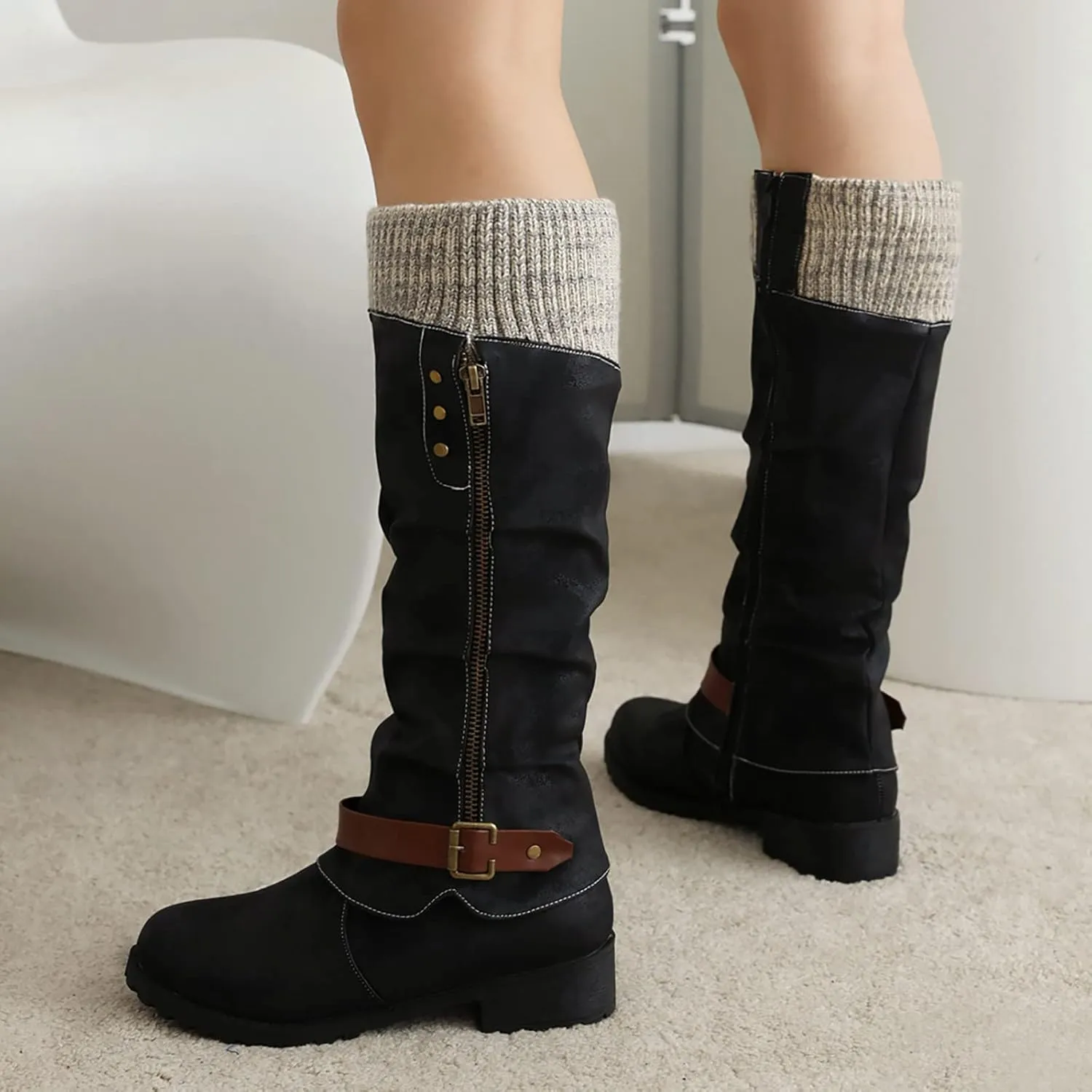 Mid Calf Boots for Women Women's Winter Side Zipper Color Blocking Knitting Wool Low Heel Medium Platform Sole Boots
