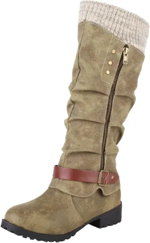 Mid Calf Boots for Women Women's Winter Side Zipper Color Blocking Knitting Wool Low Heel Medium Platform Sole Boots