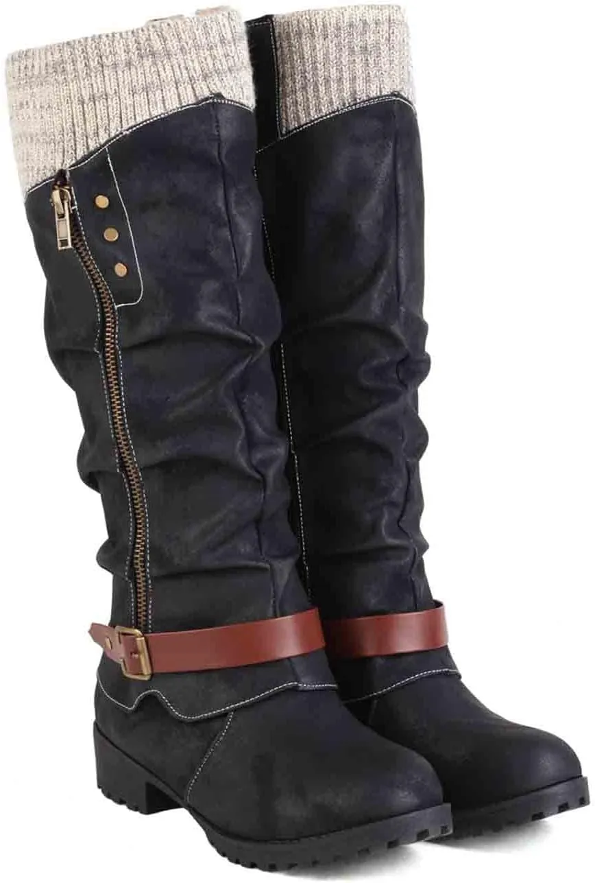 Mid Calf Boots for Women Women's Winter Side Zipper Color Blocking Knitting Wool Low Heel Medium Platform Sole Boots