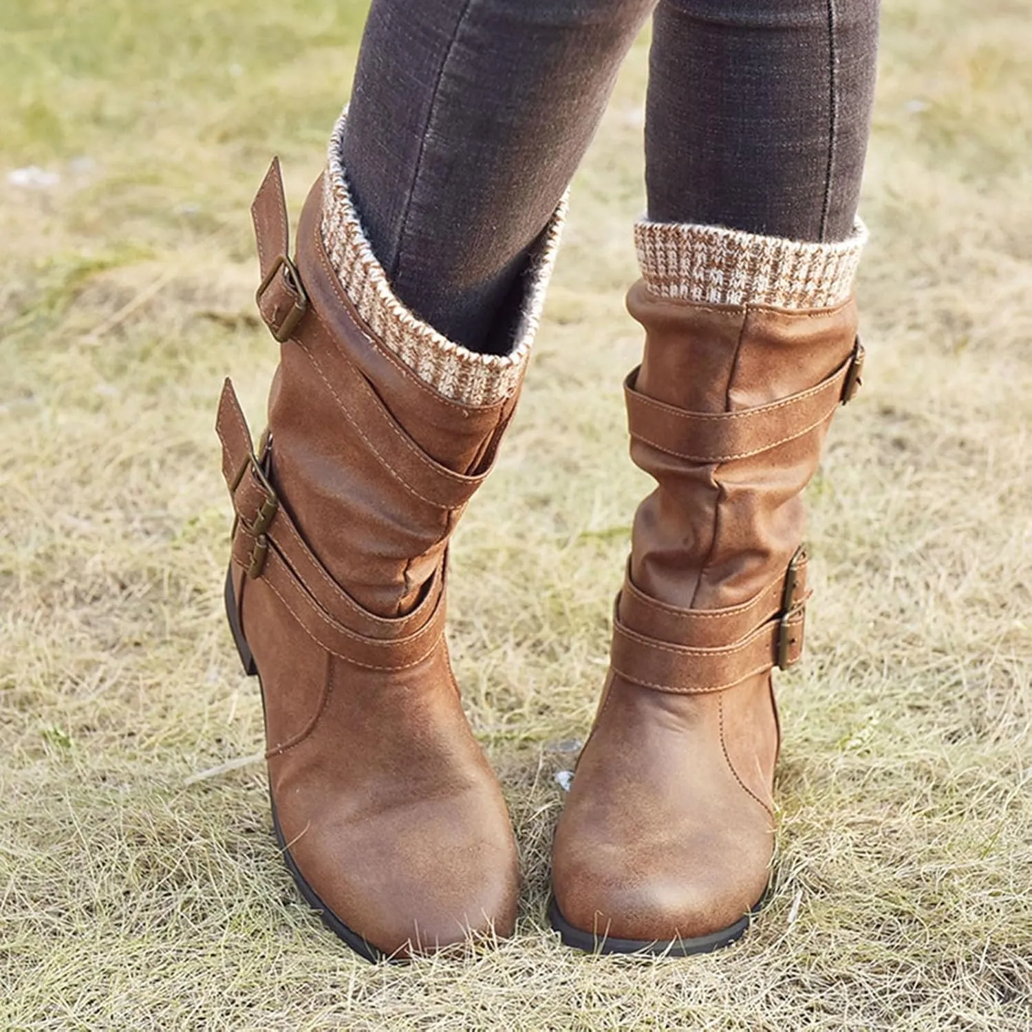 Mid Calf Boots Womens Round Toe Mid Calf Boots Comfortable Women's Mid Calf Boots Low Heel Winter Zipper Booties