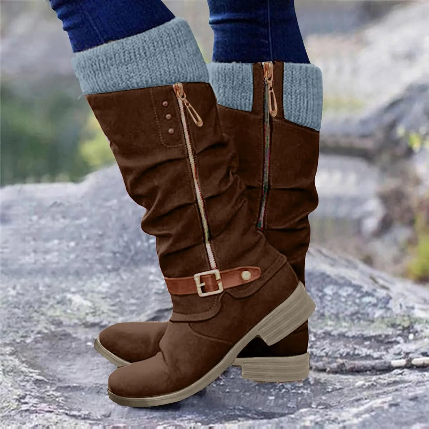 Mid Calf Boots Womens Round Toe Mid Calf Boots Comfortable Women's Mid Calf Boots Low Heel Winter Zipper Booties