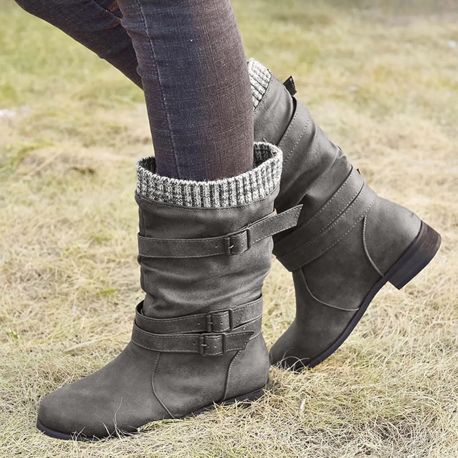 Mid Calf Boots Womens Round Toe Mid Calf Boots Comfortable Women's Mid Calf Boots Low Heel Winter Zipper Booties