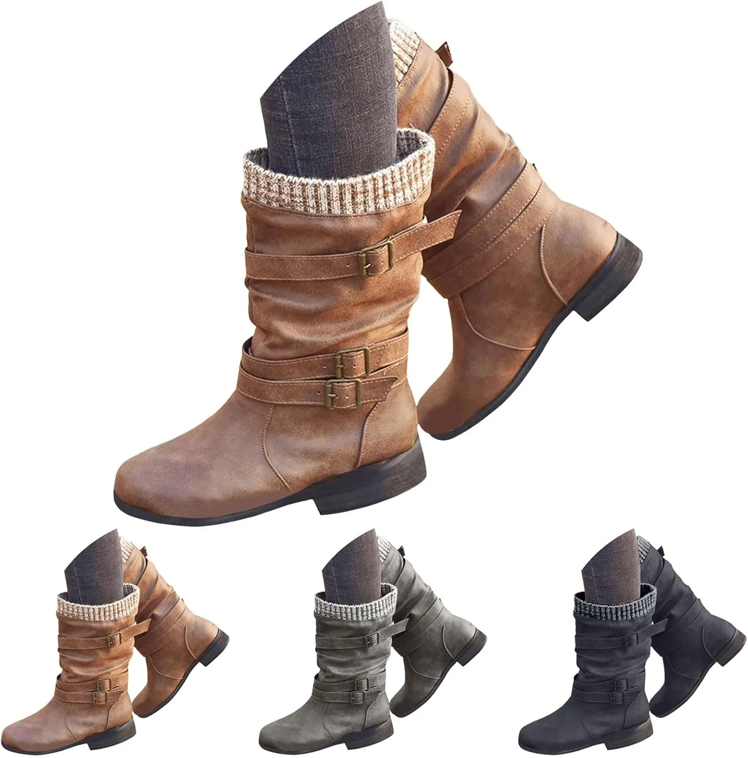 Mid Calf Boots Womens Round Toe Mid Calf Boots Comfortable Women's Mid Calf Boots Low Heel Winter Zipper Booties