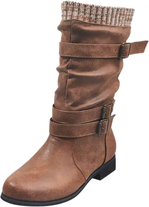Mid Calf Boots Womens Round Toe Mid Calf Boots Comfortable Women's Mid Calf Boots Low Heel Winter Zipper Booties