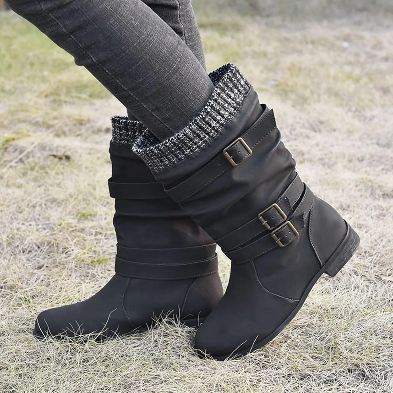 Mid Calf Boots Womens Round Toe Mid Calf Boots Comfortable Women's Mid Calf Boots Low Heel Winter Zipper Booties