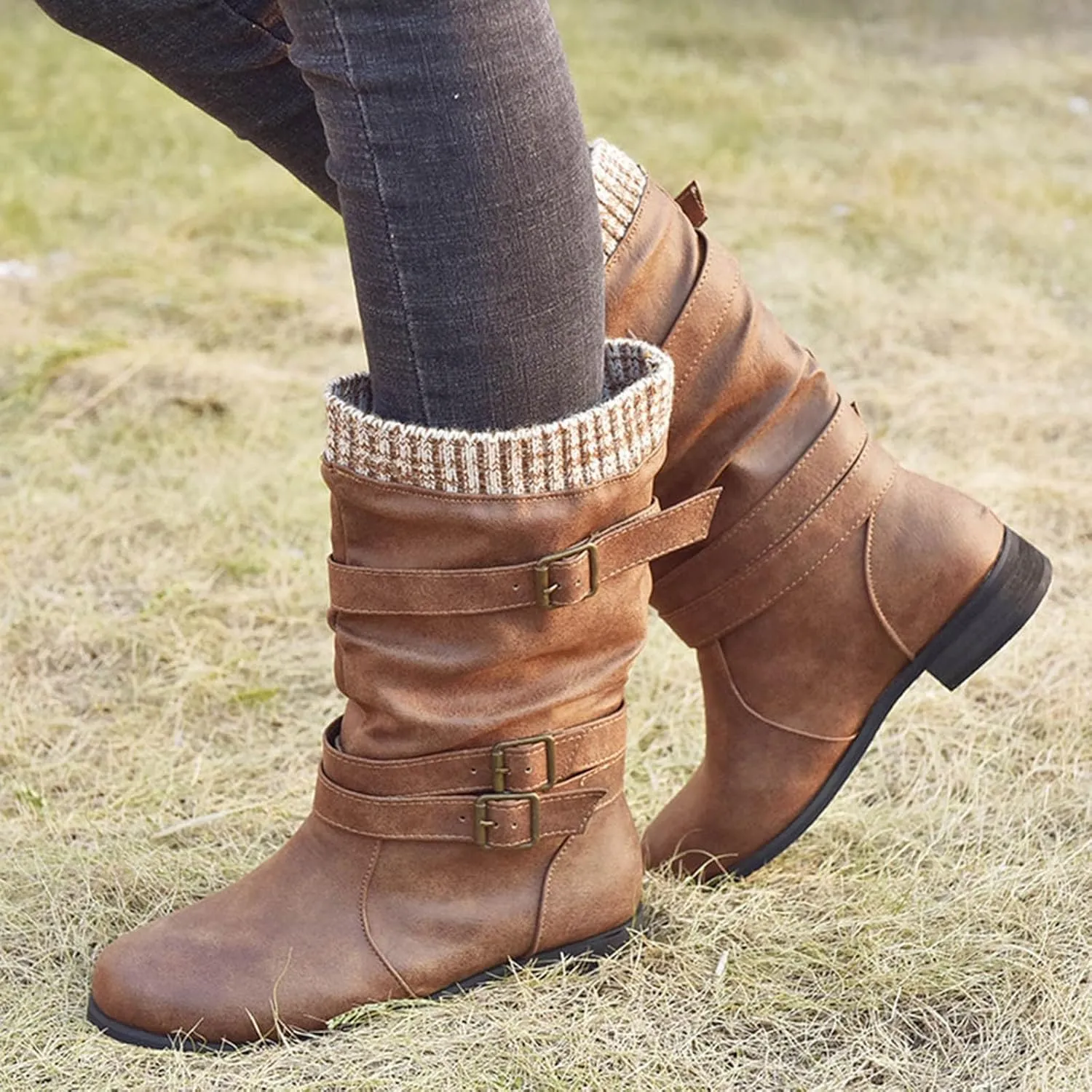 Mid Calf Boots Womens Round Toe Mid Calf Boots Comfortable Women's Mid Calf Boots Low Heel Winter Zipper Booties