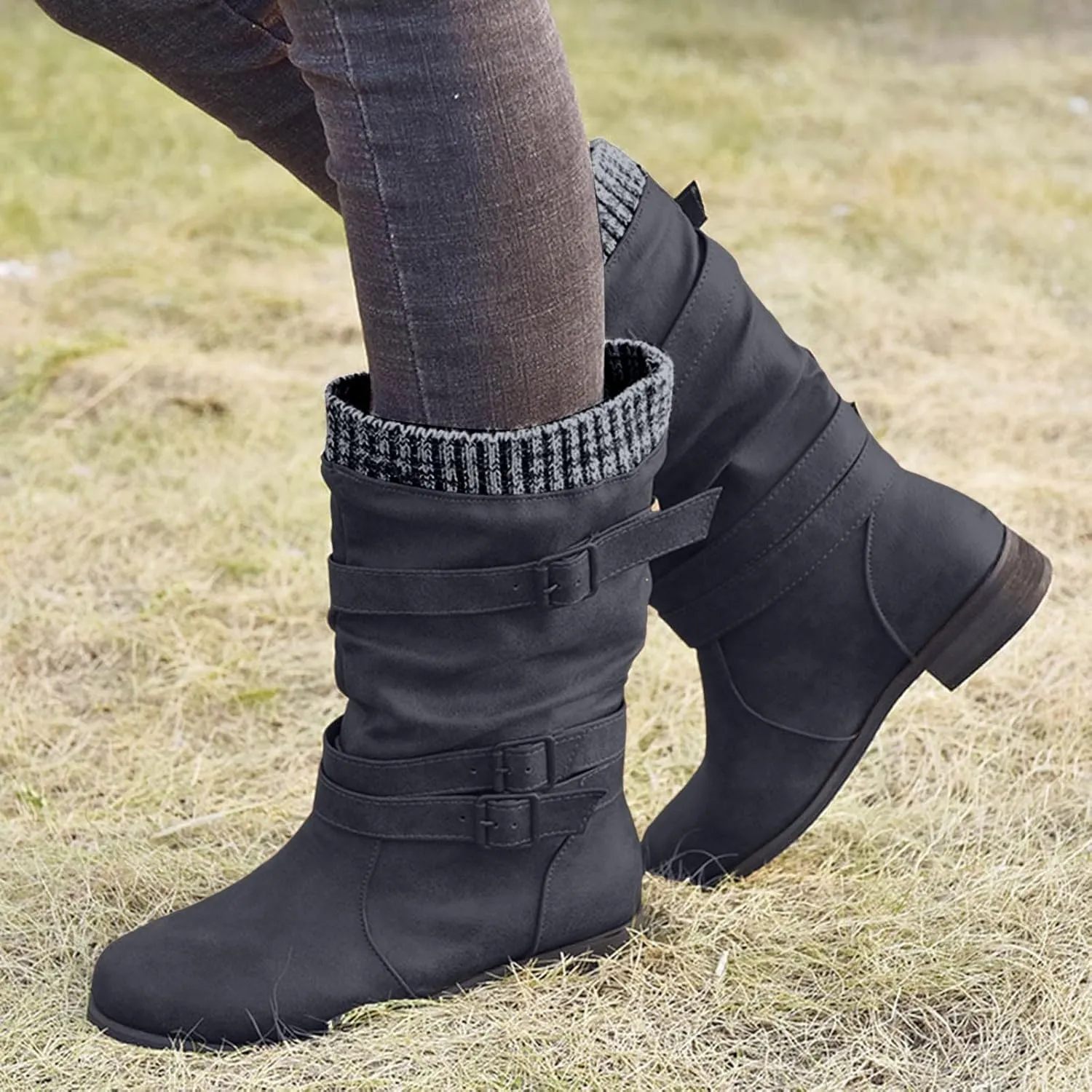 Mid Calf Boots Womens Round Toe Mid Calf Boots Comfortable Women's Mid Calf Boots Low Heel Winter Zipper Booties
