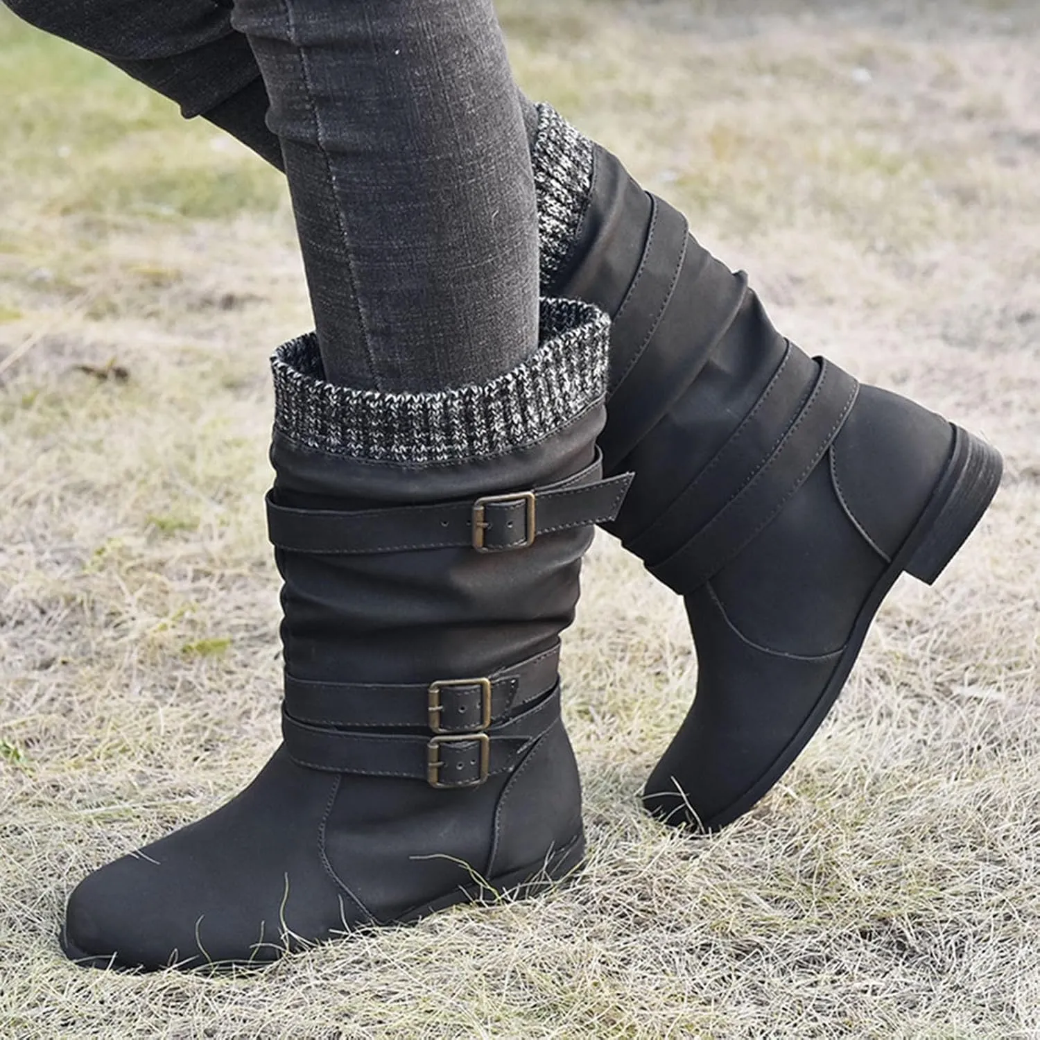 Mid Calf Boots Womens Round Toe Mid Calf Boots Comfortable Women's Mid Calf Boots Low Heel Winter Zipper Booties