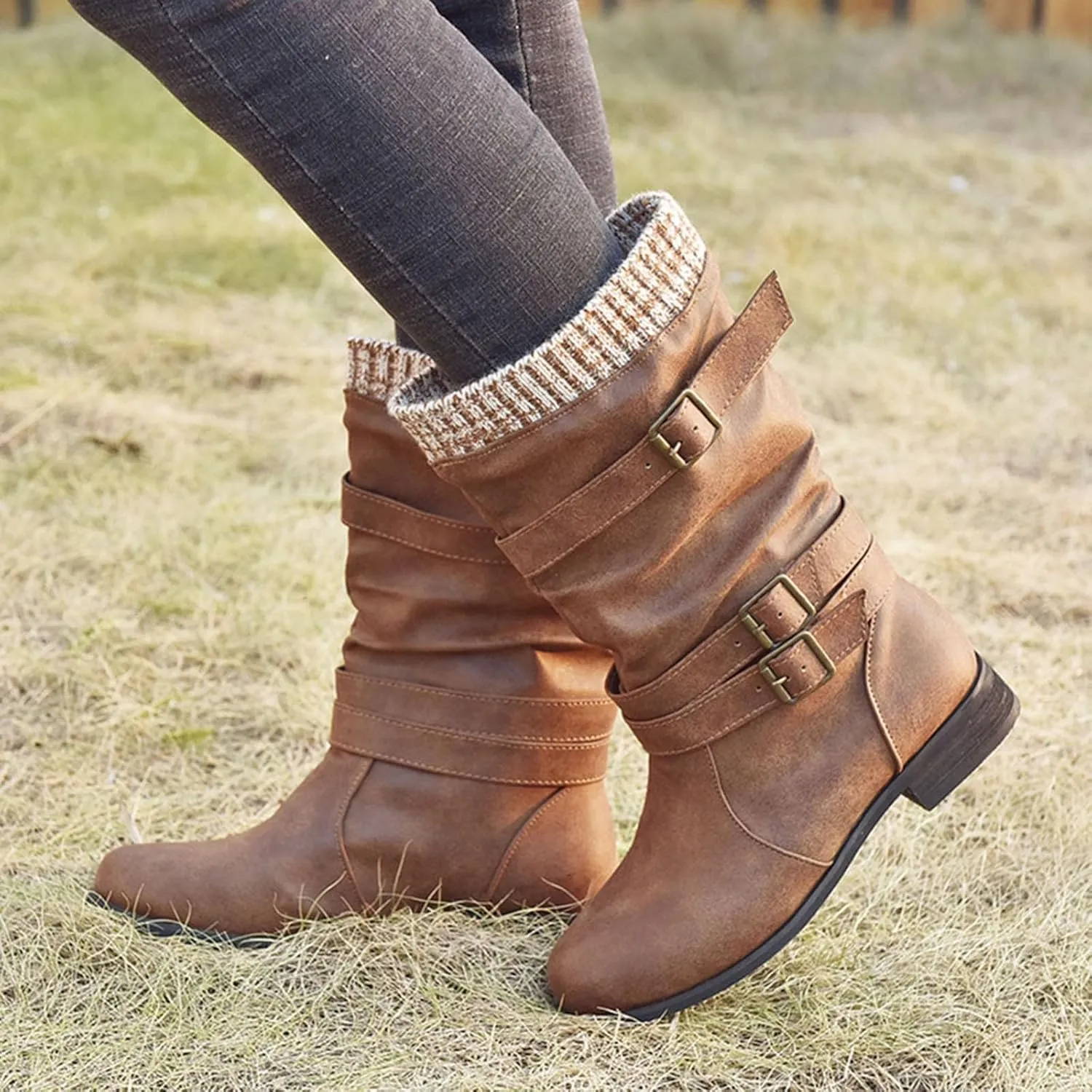 Mid Calf Boots Womens Round Toe Mid Calf Boots Comfortable Women's Mid Calf Boots Low Heel Winter Zipper Booties