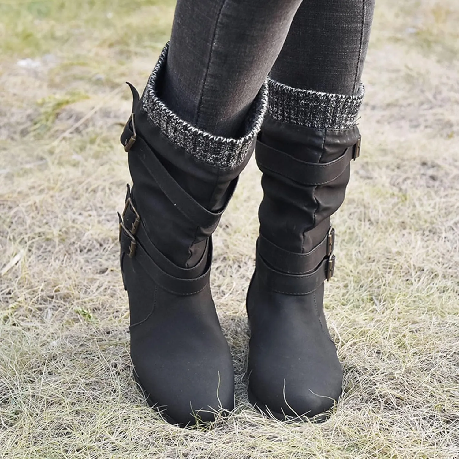Mid Calf Boots Womens Round Toe Mid Calf Boots Comfortable Women's Mid Calf Boots Low Heel Winter Zipper Booties